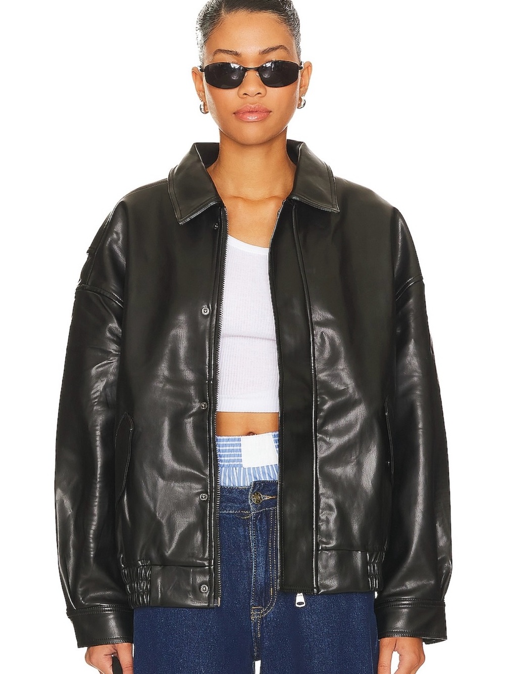 LIONESS Black Faux Leather Zip-Front Women's Jacket